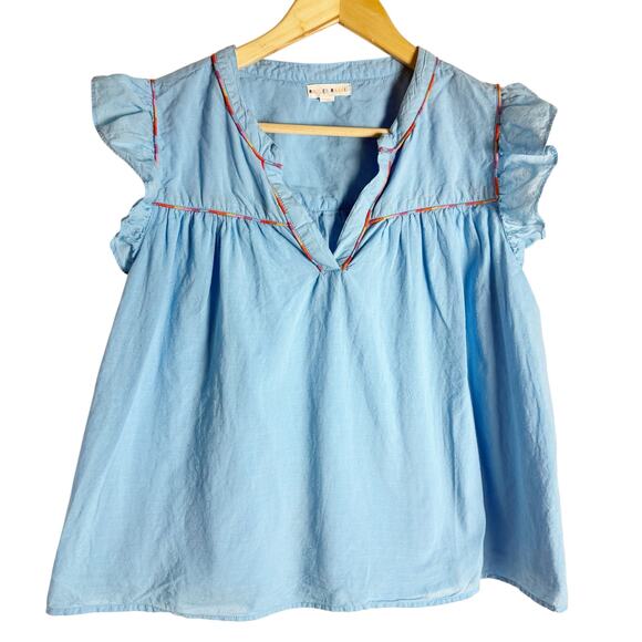 Rollet Rabbit Blue Embroidered Ruffle Sleeve V-Neck Viscose Babydoll Blouse Sz M - Picture 1 of 9